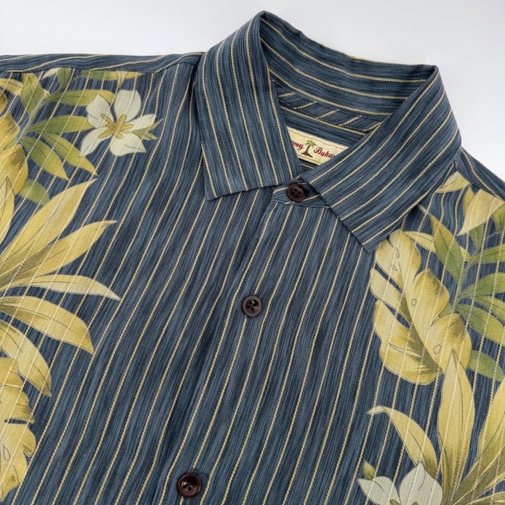 Tommy Bahama Shirt Mens S Blue Yellow Striped Tropical Floral Tencel S/S Button
